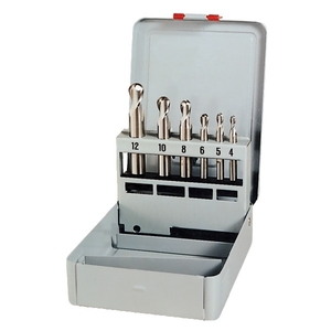 Jeu de 6 fraises 2 dents, série courte, queue cylindrique, coupe au centre, hélice à 30°, HSSCo8, bout hémisphérique.