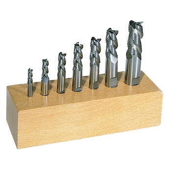 Jeu de 7 Fraises "Trijet", 3 dents, série normale, queue cylindrique à méplat, coupe au centre, hélice à 45°, HSSCo8